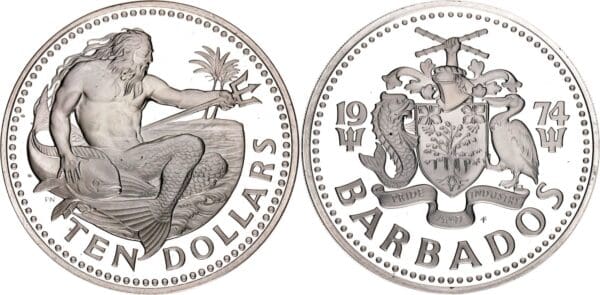 1974 $10 Barbados Neptune Sterling Silver Proof Coin