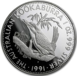 1991 $5 Kookaburra Australia 1oz Silver Proof Coin