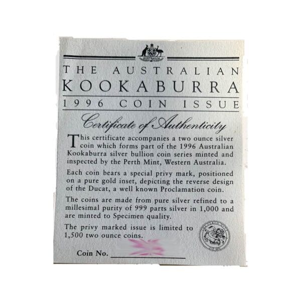1996 $2 Ducat Privy Mark Kookaburra 2oz Silver Gilded Coin - Image 5