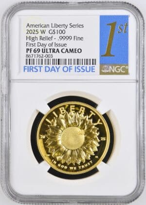 PR69DCAM 2025 G$100 Sunflower High Relief 1oz .9999 Fine Gold First Day of Issue Coin