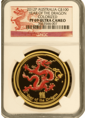 PF69UC 2012 $100 Australian Lunar Year of the Dragon 1oz Colored Proof Gold Coin NGC