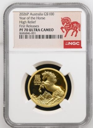 PR70UCAM 2026 $100 Australia Year of the Horse High Relief - First Release 1oz Gold Proof NGC Coin