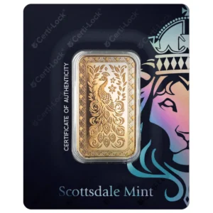 Marquee Peacock 1oz Gold Scottsdale Mint Bullion Bar
