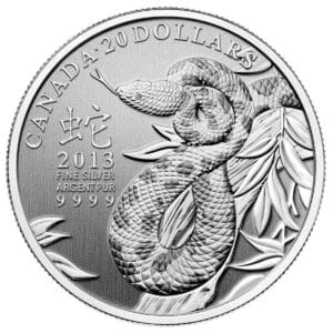 2013 $20 Year of the Snake 7.96g 99.99% Silver Coin