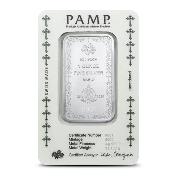 2026 $2 PAMP Suisse Christian Cross 1oz Silver Coin In Assay | The